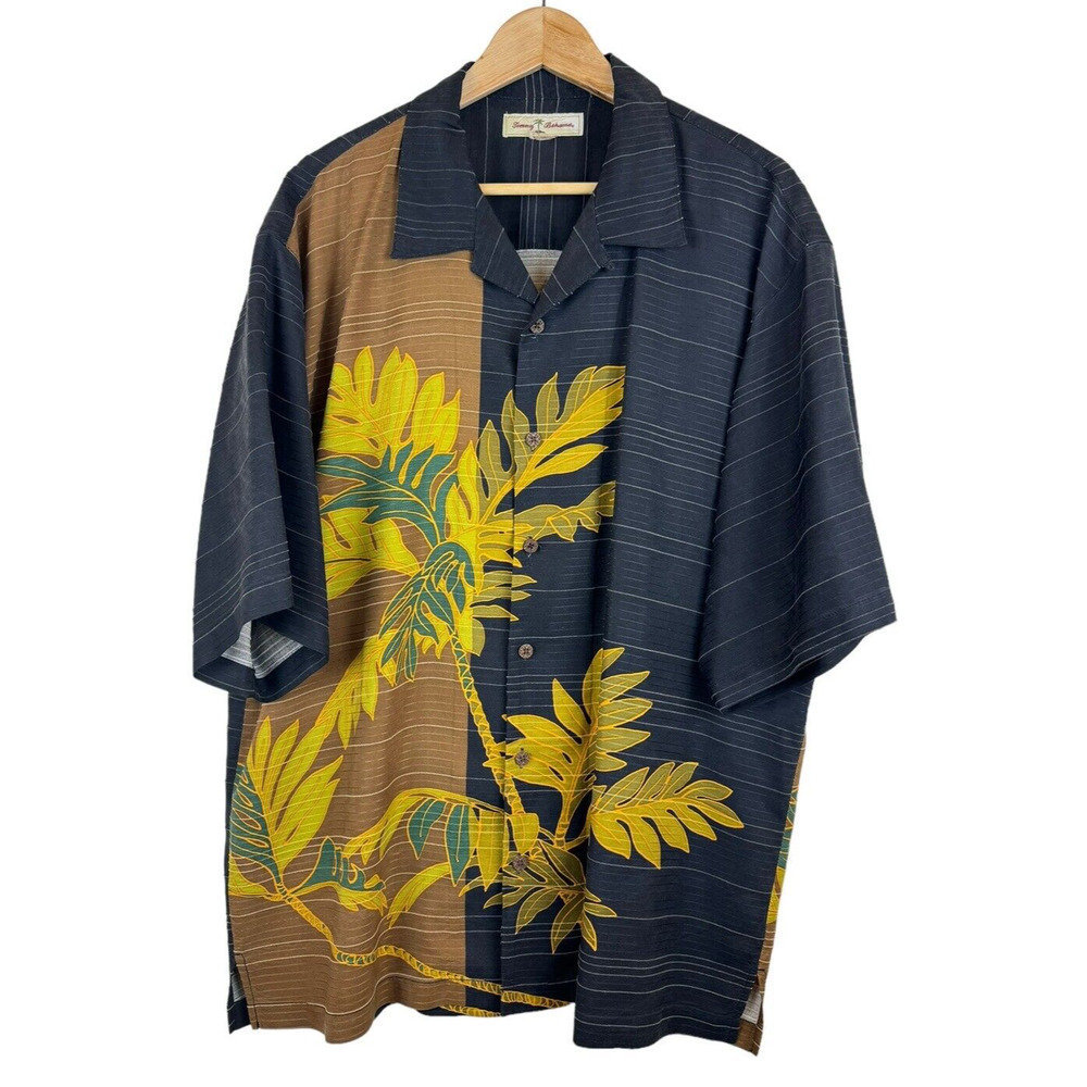Tommy Bahama Hawaiian Button Up Spread Collar Shirt Black Floral Silk Mens Large